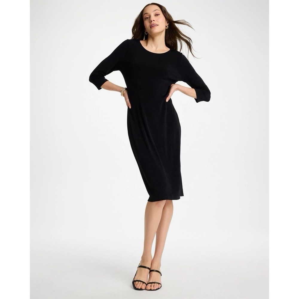 Chicos Travelers Women's Medium Black Pullover Stretch Midi Dress‎ 3/4 Sleeve